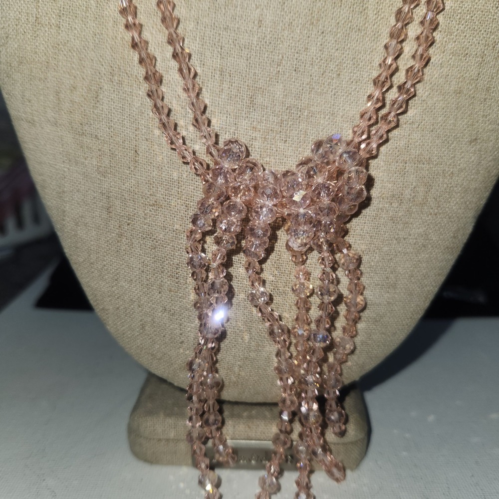 Pink Faceted Crystal Bead Multi Strand Bow‎ Lariat Fringe Necklace 19" Rose